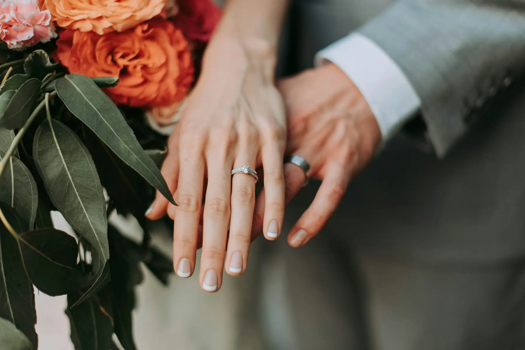 Close-up of hands showing wedding rings